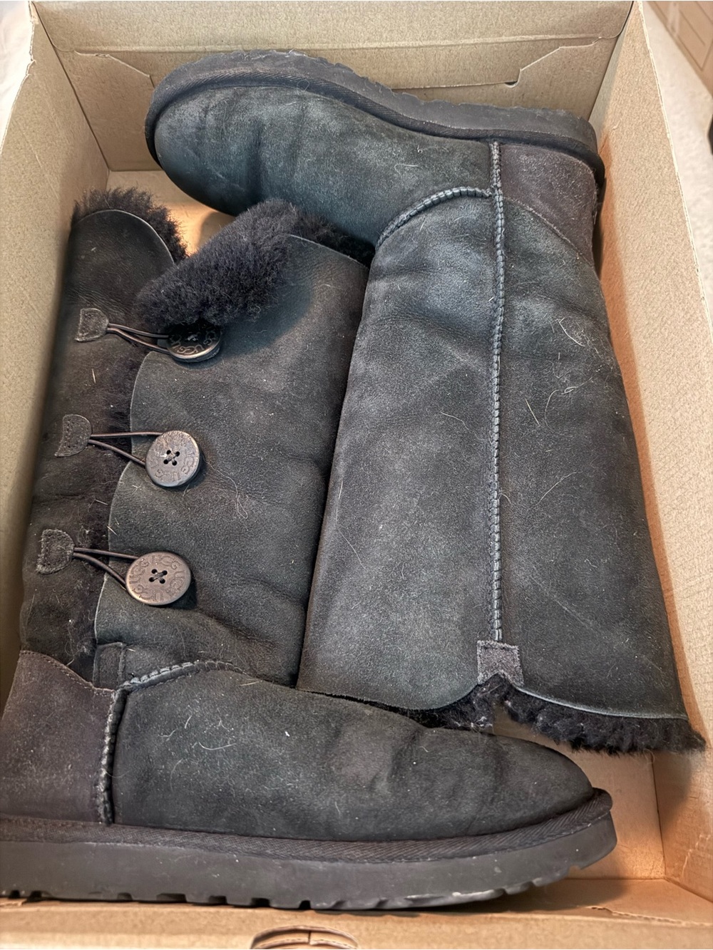 UGG Black Suede Button-Accent Shearling Mid-Calf Boots